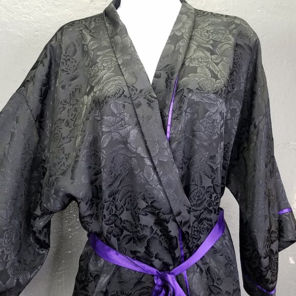 Vtg Victoria Secret Gold Label Robe One Size Satin Rose Black Purple Tie Kimono - Picture 2 of 15